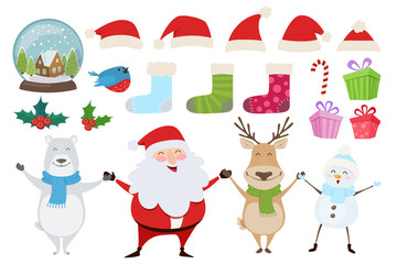 Set of Merry Christmas objects - snow globe, Santa hats, holly, bullfinch. Happy Santa Claus, Rudolph reindeer, Polar Bear, Snowman. Vector