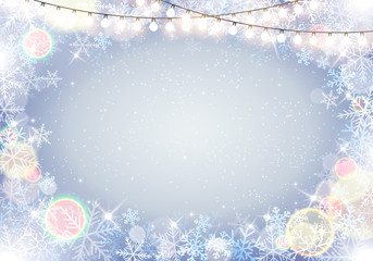 Winter frame with snowflakes and hanging fairy lights