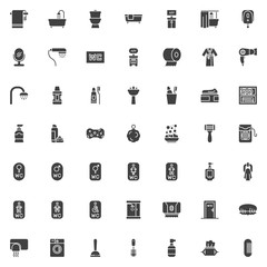 Bathroom accessories vector icons set, modern solid symbol collection filled style pictogram pack. Signs logo illustration. Set includes icons as bath, bathtub, toilet, lavatory, restroom, towel, soap