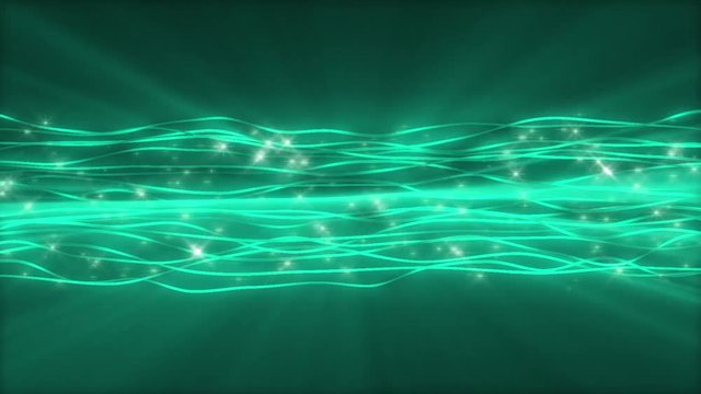 Green abstract seamless background motion loop features a pattern of glowing wavy lines with sparkling sprites flowing over a dark background.