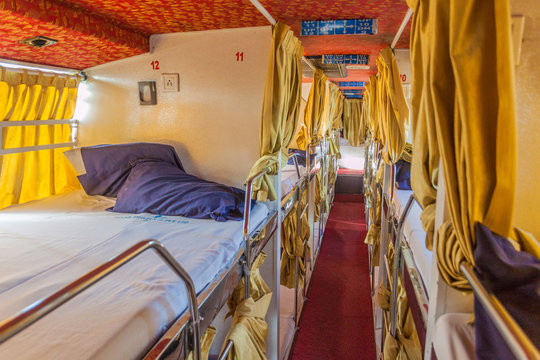 BHOPAL, INDIA - FEBRUARY 5, 2017: Interior of a sleeper bus in India