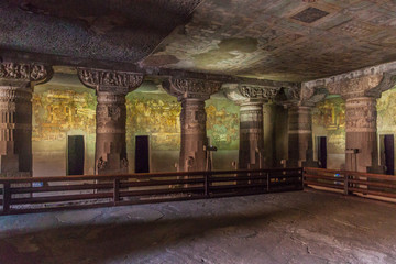 Interior of a Buddhist cave carved into a cliff in Ajanta, Maharasthra state, India