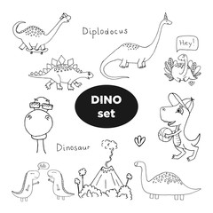 Vector print with set dinosaur hand drawn outline.  Dino and skate, roller, basketball, volkano. Fun sport illustrations for boys and girls prints on t-shirts, children and adult design. Coloring book