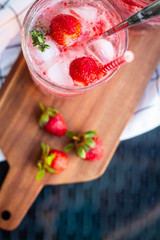 Homemade fresh strawberry juice in crystal glass