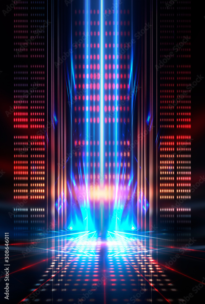 Poster background of empty show scene. empty dark modern abstract neon background. glow of neon lights on a