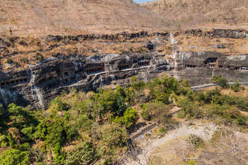 Buddhist caves carved into a cliff in Ajanta, Maharasthra state, India
