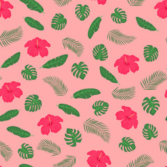 Tropical leaves. Hibiscus, palm, monstera. Exotic seamless pattern. Vector illustration