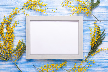 Easter decor with mimosa flowers and frame on blue wooden table. Mockup with a gray frame. Top...