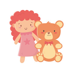 kids toy, teddy bear and pink little doll