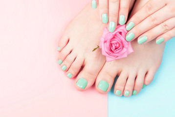 Vrouwelijke handen, benen met manicure en pedicure met bloem op een roze, blauwe achtergrond, bovenaanzicht