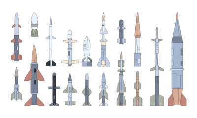 Different guided flying weapon flat illustrations set
