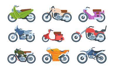 Modern and retro motorbikes flat illustrations set.