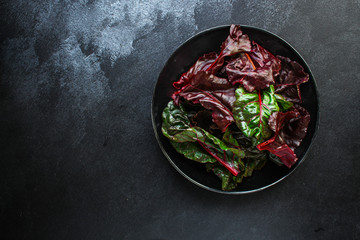 salad chard (appetizer serving plate, red chard) menu concept. food background. top view. copy space
