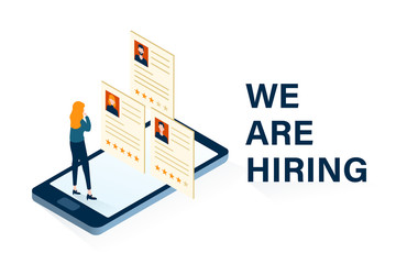 We are hiring concept with illustration of woman choosing employee candidate. Staffing and recruiting business concept