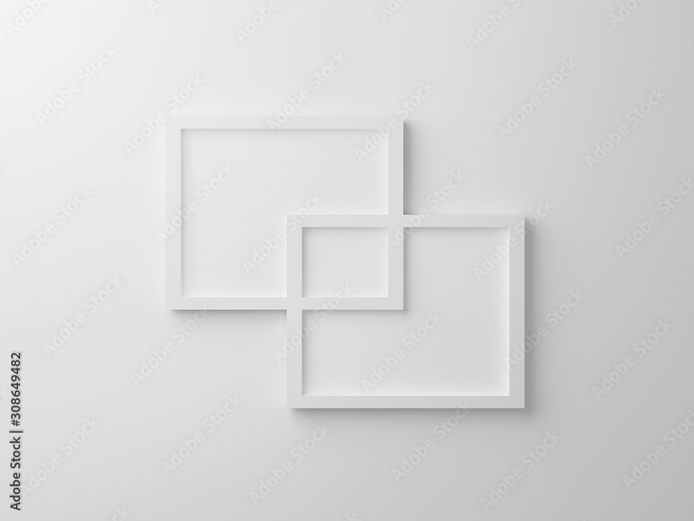 Poster blank paper frames isolated on white wall at studio. 3d render geometrical design for product object