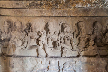 ELLORA, INDIA - FEBRUARY 7, 2017: Carvings in a cave monastery in Ellora, Maharasthra state, India