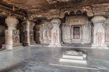 ELLORA, INDIA - FEBRUARY 7, 2017: Interior of Indra Sabha Jain cave in Ellora, Maharasthra state, India