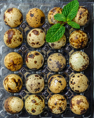 Fototapeta premium quail eggs (tasty fresh, vitamins) menu concept. food background. top view. copy space