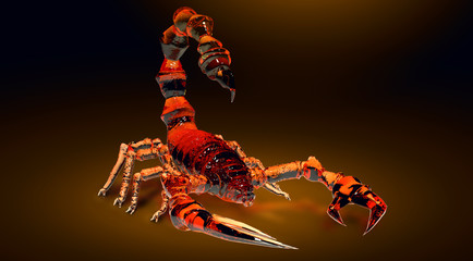 poisonous emperor scorpion of wildlife, 3d rendering of crystal glass coating in dark background