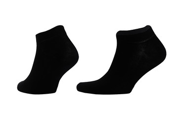 Blank black cotton sport short socks on invisible foot isolated on white background as mock up for advertising, branding, design, front side, side view, template.