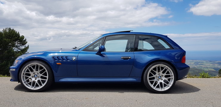 Navia, Asturias / Spain: August 22, 2019: classic sports vehicle restored by collector (now in perfect condition). BMW Z3 COUPÉ. Works: body polishing, ceramic coating and full detailed.