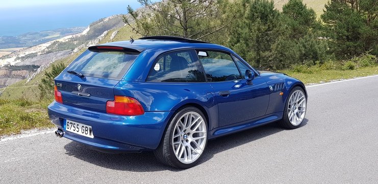 Navia, Asturias / Spain: August 22, 2019: classic sports vehicle restored by collector (now in perfect condition). BMW Z3 COUP&Eacute;. Works: body polishing, ceramic coating and full detailed.