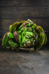 lettuce or romano salad, salad leaves (lettuce bush, green crop petals, vitamins Roman salad, Batavia) menu concept. food background. top view. copy space