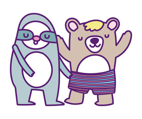 baby shower cute sloth and bear with short pants cartoon