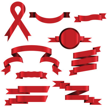 RED Ribbon Set In Isolated For Celebration And Winner Award Banner White Background, Vector Illustration