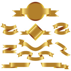 GOLD Ribbon Set In Isolated For Celebration And Winner Award Banner White Background, Vector Illustration