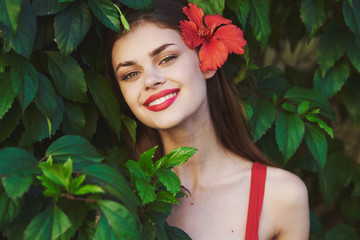 beautiful woman green leaves luxury of nature