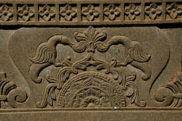 Carving details on the outer wall of the Vitthal Rukhmini Temple, Palashi, Parner, Maharashtra, India