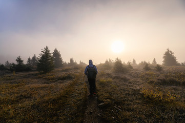 Man traveler standing with the sun in foggy on trail in forest
