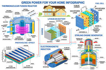 Green power infographic. Fusion reactor, turbine, solar panel, battery, stirling engine generator, fuel cell Vector. Clean, alternative energy.