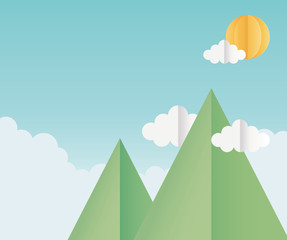 origami paper mountains clouds sun sky background