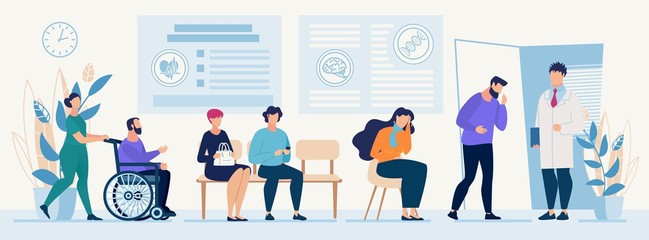 Sick People Characters Queue with Flu Symptoms, Coughing at Doctors Office in Hospital. Nurse Strolling Patient Sitting in Wheelchair. Ambulatory Hallway Interior. Vector Trendy Flat Illustration