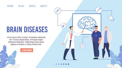 Flat Medical Landing Page Layout for Online Clinic, Internet Healthcare Service. Doctors in Uniform Giving Presentation about Brain Disease Risks and Dangers. Vector Cartoon Illustration