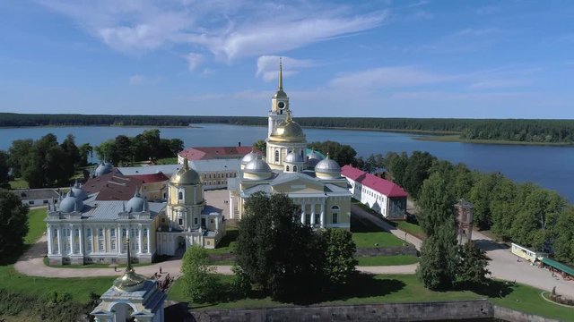 Nilo-Stolobenskaya pustyn, Sunny August day (aerial video). Tver region, Russia