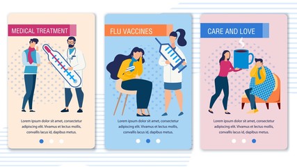 Obraz na płótnie Canvas Sick People and Doctor Character. Mobile Landing Page Set Offering Medical Treatment and Flu Shot Vaccines, Promoting Care and Love for Person Having Cold. Vector Trendy Flat Illustration