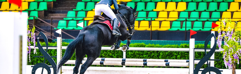 Beautiful girl on black horse in jumping show, equestrian sports. Horse and girl in uniform going...