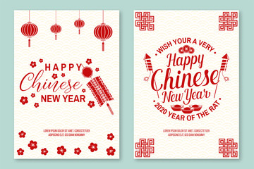 Set of Happy Chinese New Year 2020 poster, flyer, greeting cards. New Year felicitation classic postcard. Chinese sign year of rat greeting card. Banner for website template.