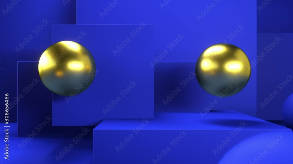 Poster falling spheres on blue minimal background. abstract geometric composition. bouncing balls. motion d