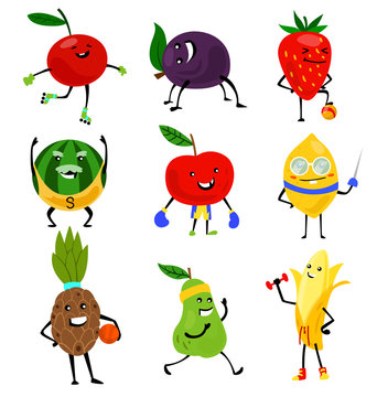 Sport fruits characters. Funny fruit foods on sport exercises, fitness vitaminic human healthy nutrition vector illustration