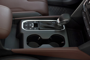 Interior of new modern car with automatic transmission. Modern transportation.
