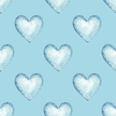 Watercolor Hand Drawn Cute Light Blue Hearts on Sky Blue Background Seamless Pattern