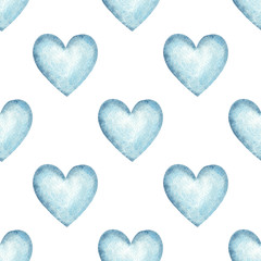 Watercolor Hand Drawn Cute Light Blue Hearts on White Background Seamless Pattern
