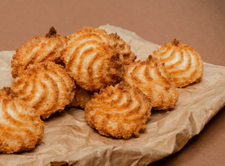 Natural baked coconut cookies or cocoanut macaroons with coco chips