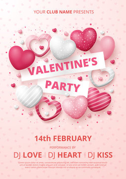 Valentine's Party Poster Template With 3D Hearts. Vector Illustration