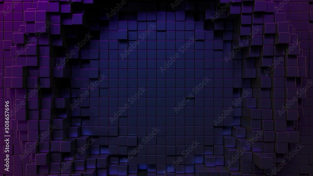 Poster abstract background with black iridescent moving cubic surface. geometric concept with radial ripple