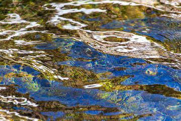 The surface of clear water in a pond